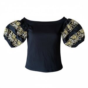 Free People Rock With It Embroidered Puff Sleeve Top Black XS Boho